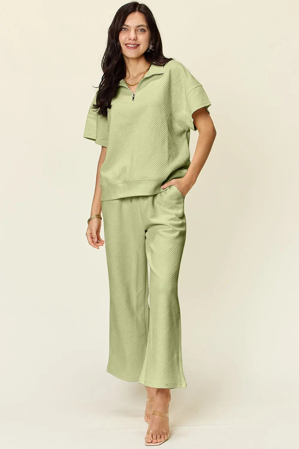 Double Take Full Size Texture Half Zip Short Sleeve Top and Pants Set - Love Salve