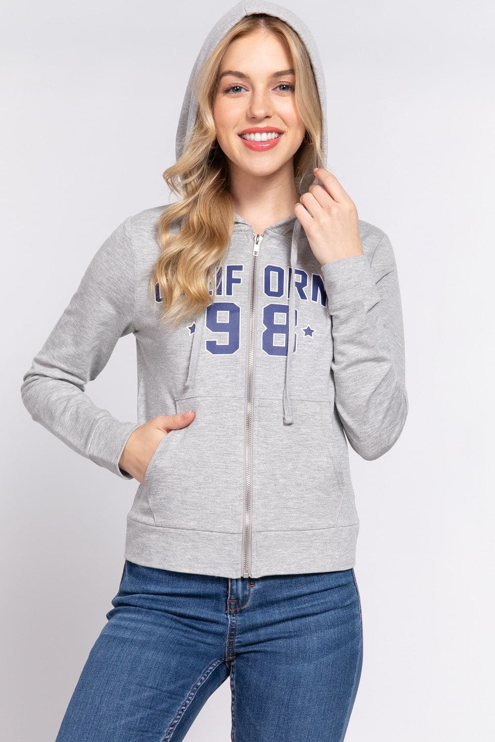 ACTIVE BASIC CALIFORNIA Zip Up Drawstring Long Sleeve Hoodie.