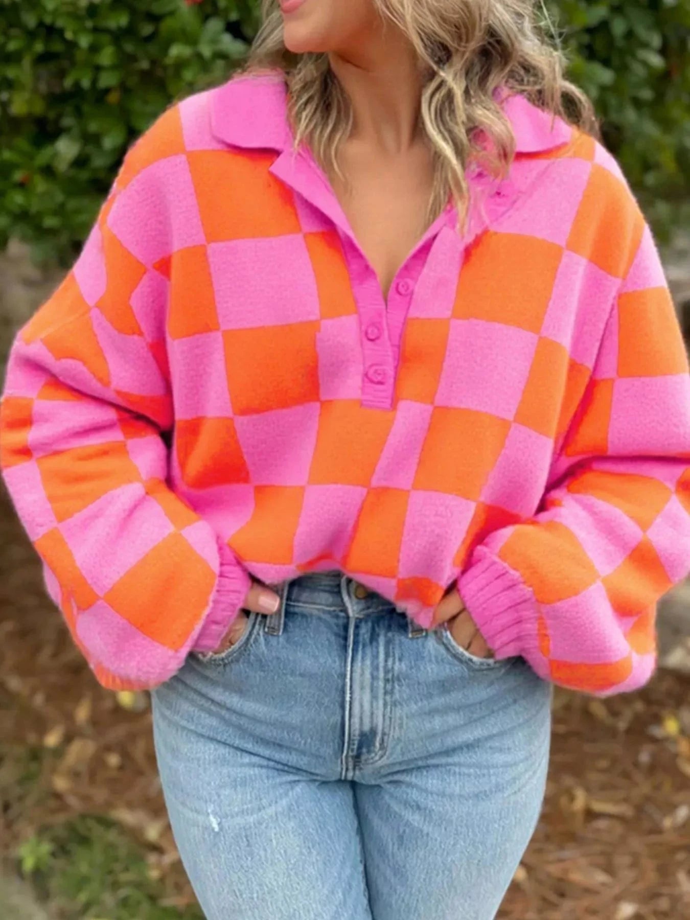 Checkerboard Pattern Half Button Knit Sweater Soft Viscose Blend Simply Love