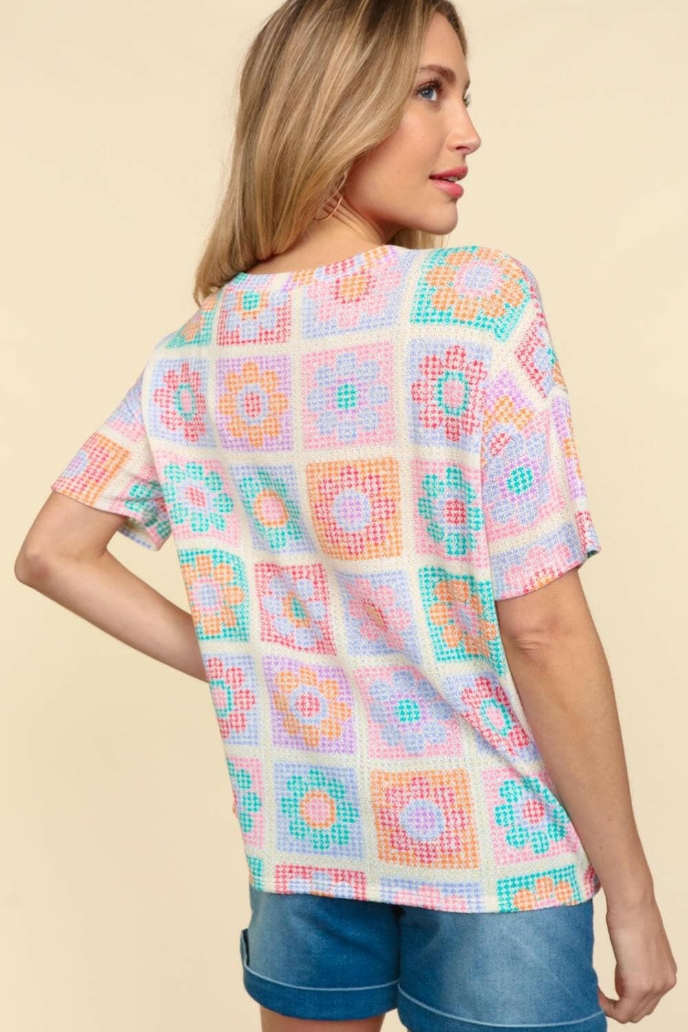 Haptics Flower Print Round Neck Short Sleeve T-Shirt.