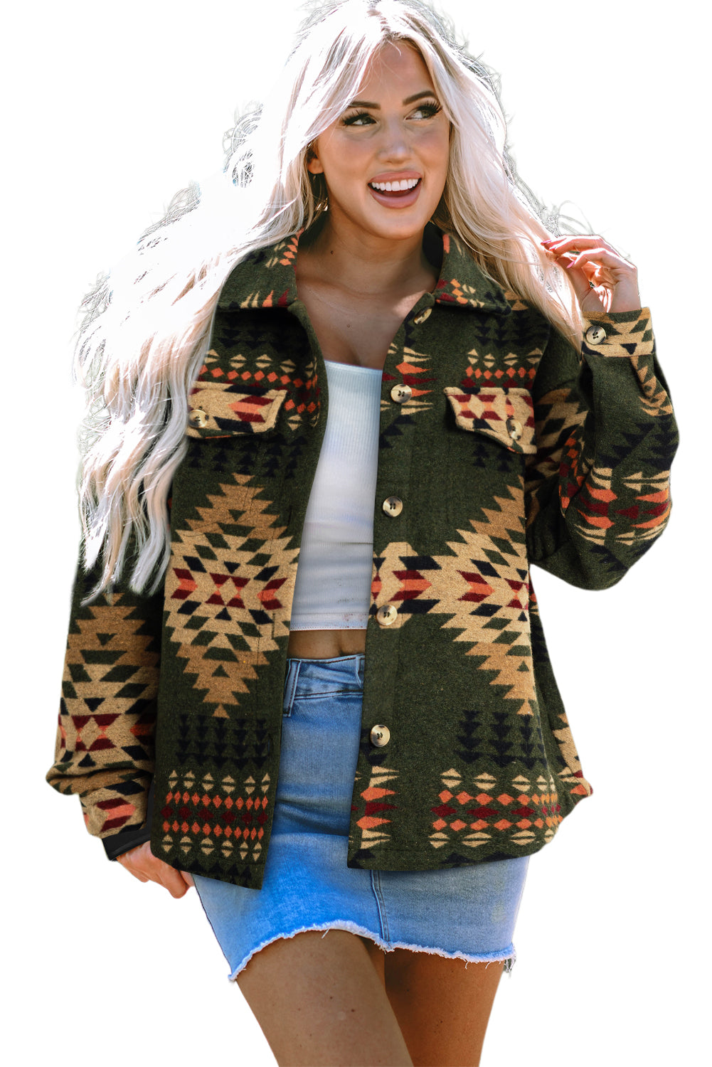 Trendy green aztec shacket with pockets