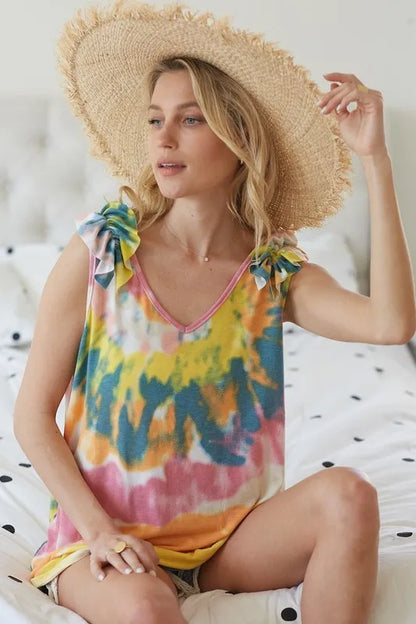 BiBi Circular Tie Dye Knit V Neck Top With Ruffle - Love Salve 