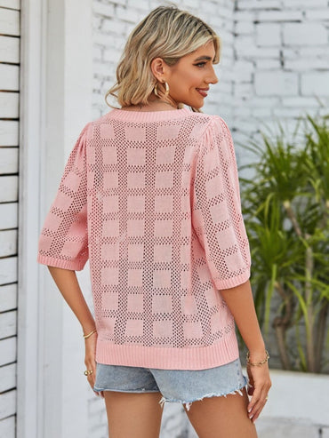 Openwork Round Neck Knit Top.