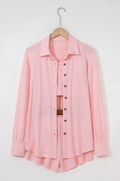 Light Pink 3 Pcs Crop Tank Top Shorts with Cardigan Set