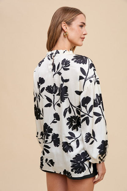 Midnight Bloom Frill Balloon Sleeve Blouse