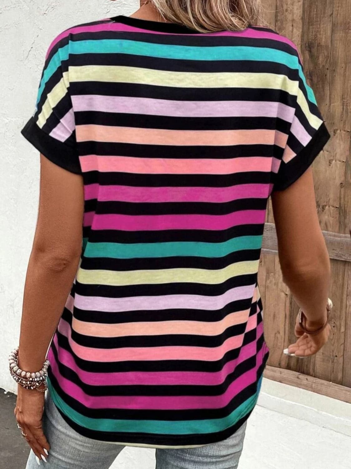 Striped V-Neck Short Sleeve T-Shirt.