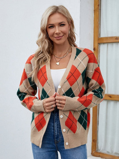 Plaid Contrast Button Up Cardigan.