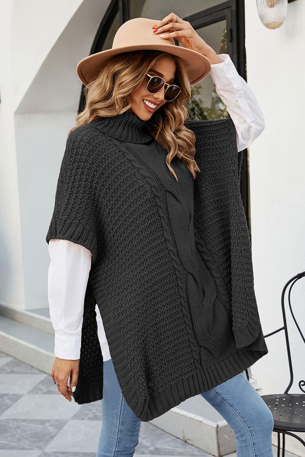 Cable-Knit Turtleneck Slit Sweater.