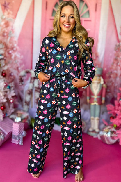 Navy blue festive Christmas lights pajama set with shirt and pants