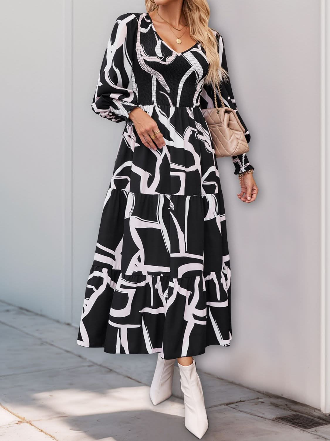 Perfee Smocked Printed Long Sleeve Midi Dress Elegance