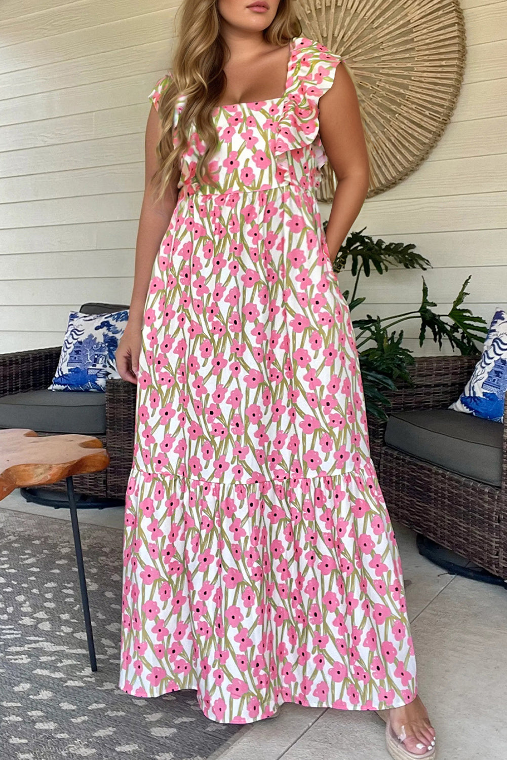 Plus Size Pink Floral Maxi Dress With Ruffle Trim And Square Neck High Waist Dear-Lover Dropshipping