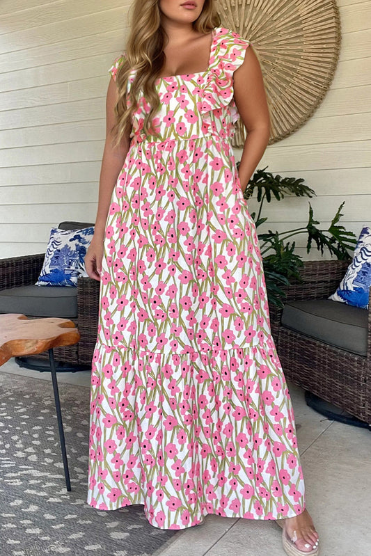 Plus Size Pink Floral Maxi Dress With Ruffle Trim And Square Neck High Waist Dear-Lover Dropshipping