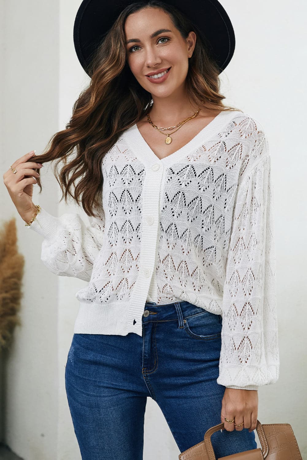 Openwork V-Neck Cardigan.