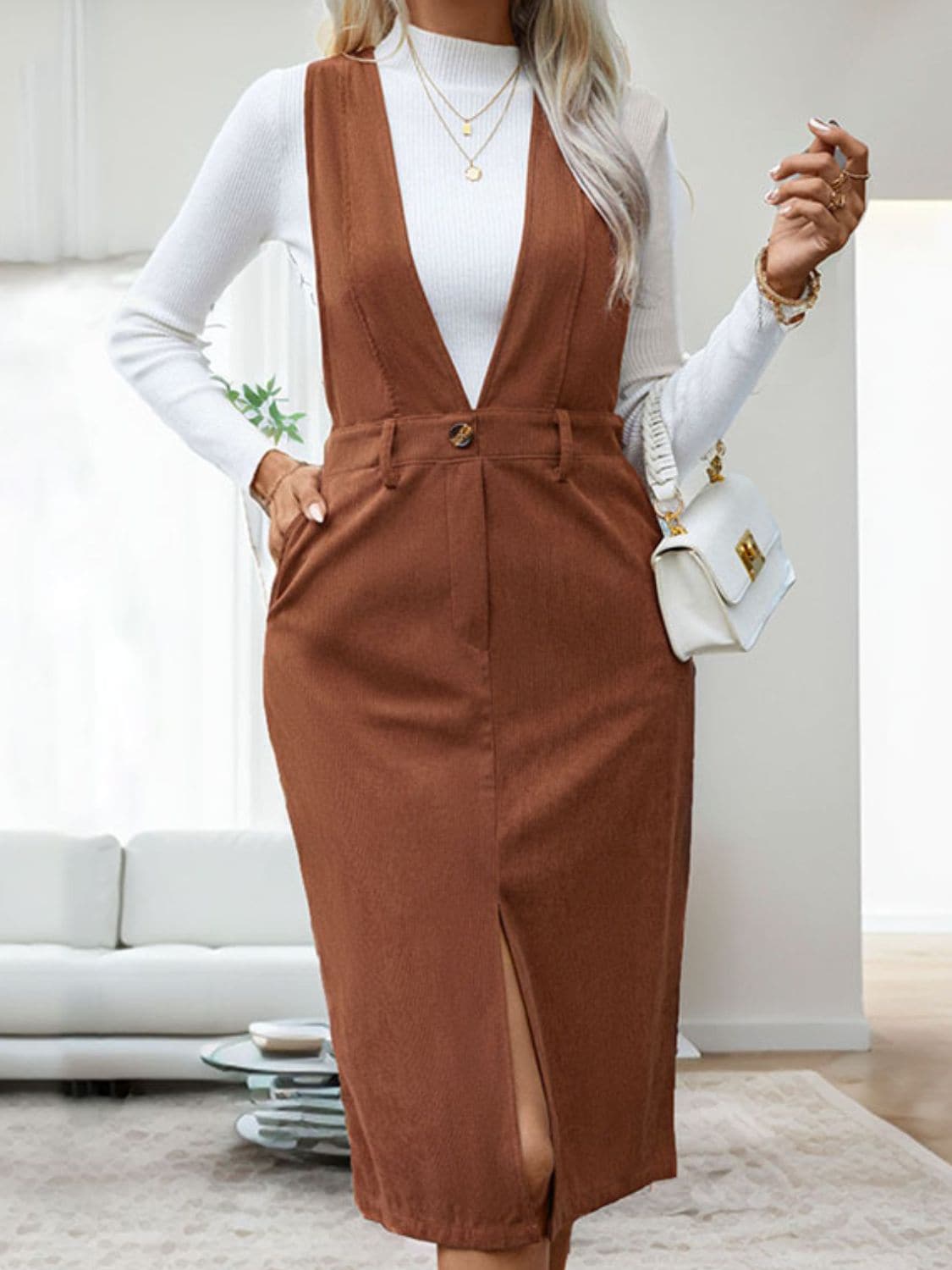 Chic Pocketed Overall Dress with Slit and Button Front