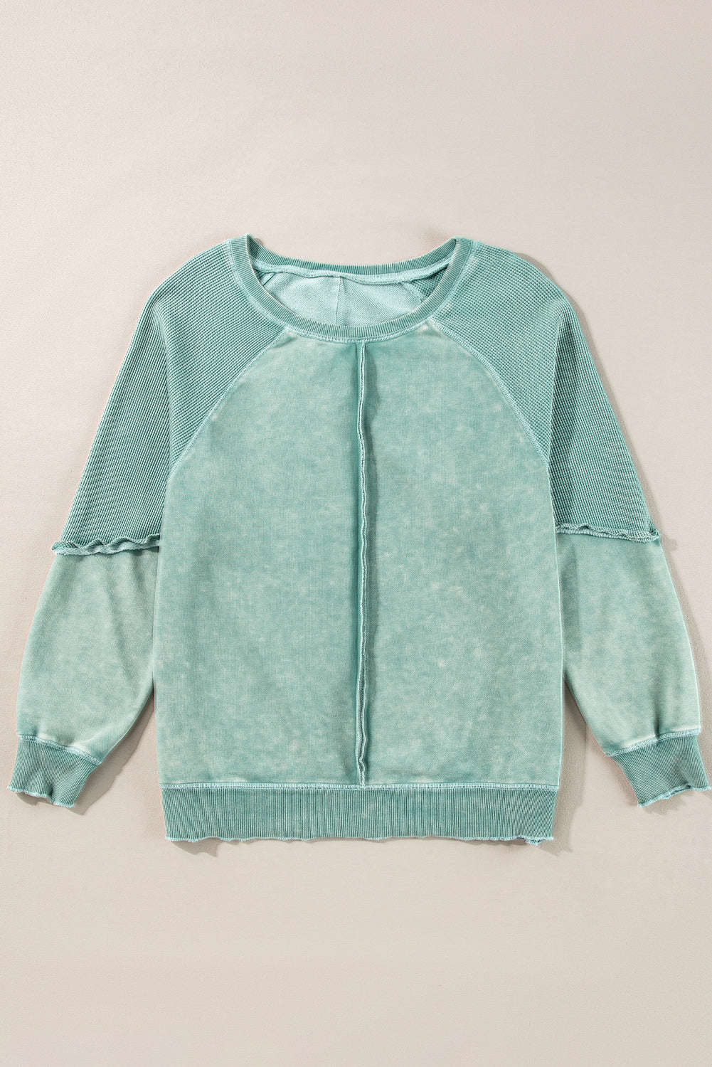 Cozy mineral blue waffle knit sweatshirt with patchwork raglan sleeves