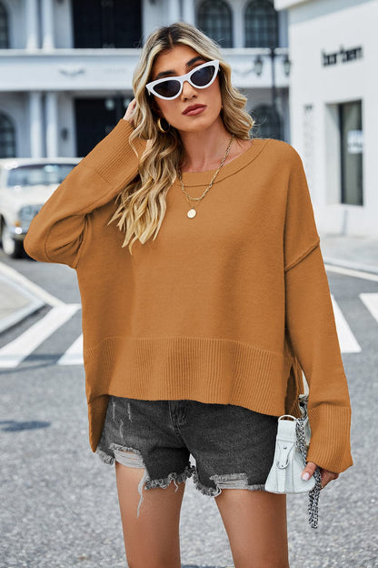 Round Neck Dropped Shoulder Slit Sweater.