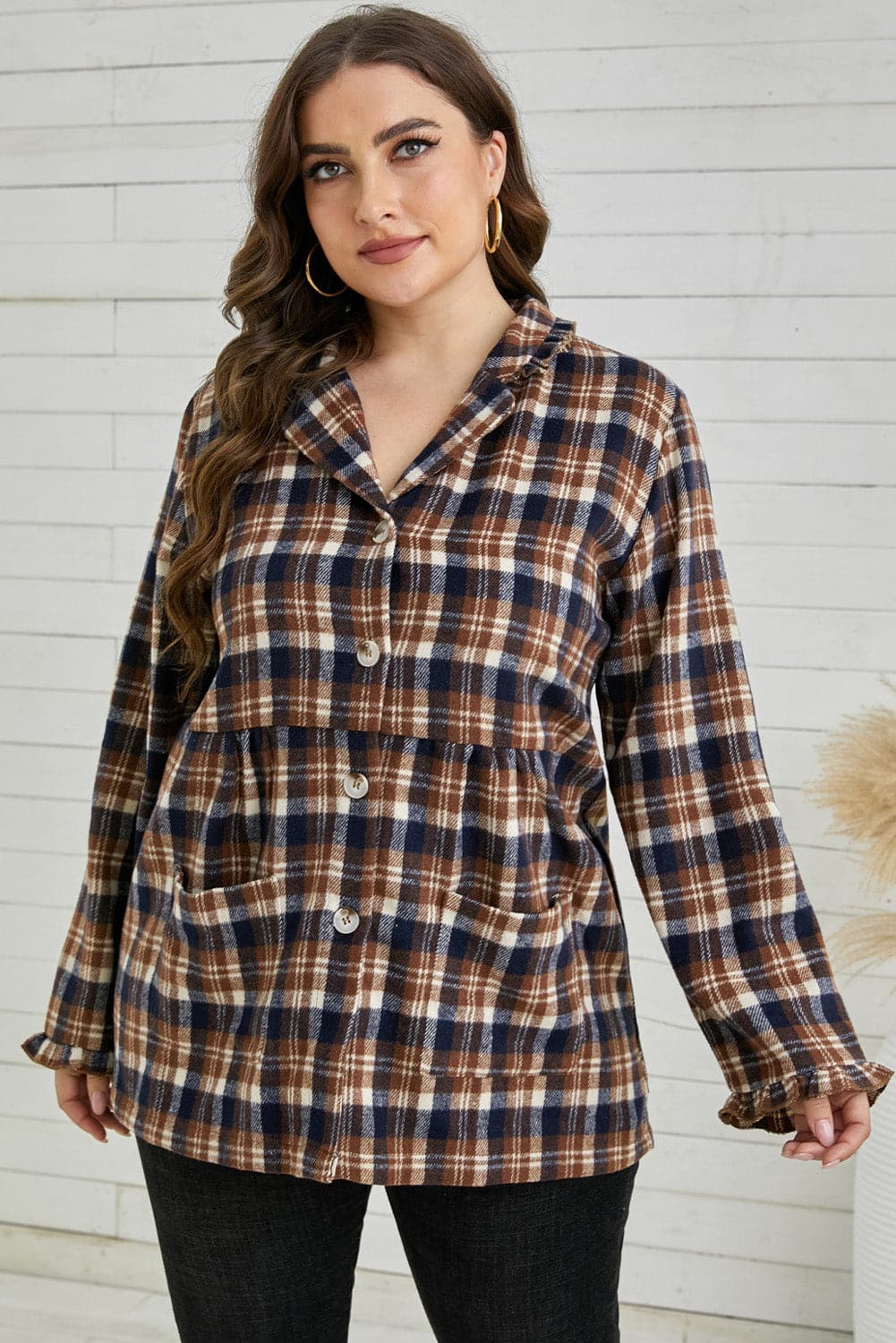 Plus Size Plaid Buttoned Collared Shacket.