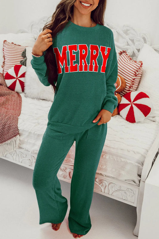 Dark Green Merry Corded Long Sleeve Top and Pockets Pants Set Dear-Lover Dropshipping