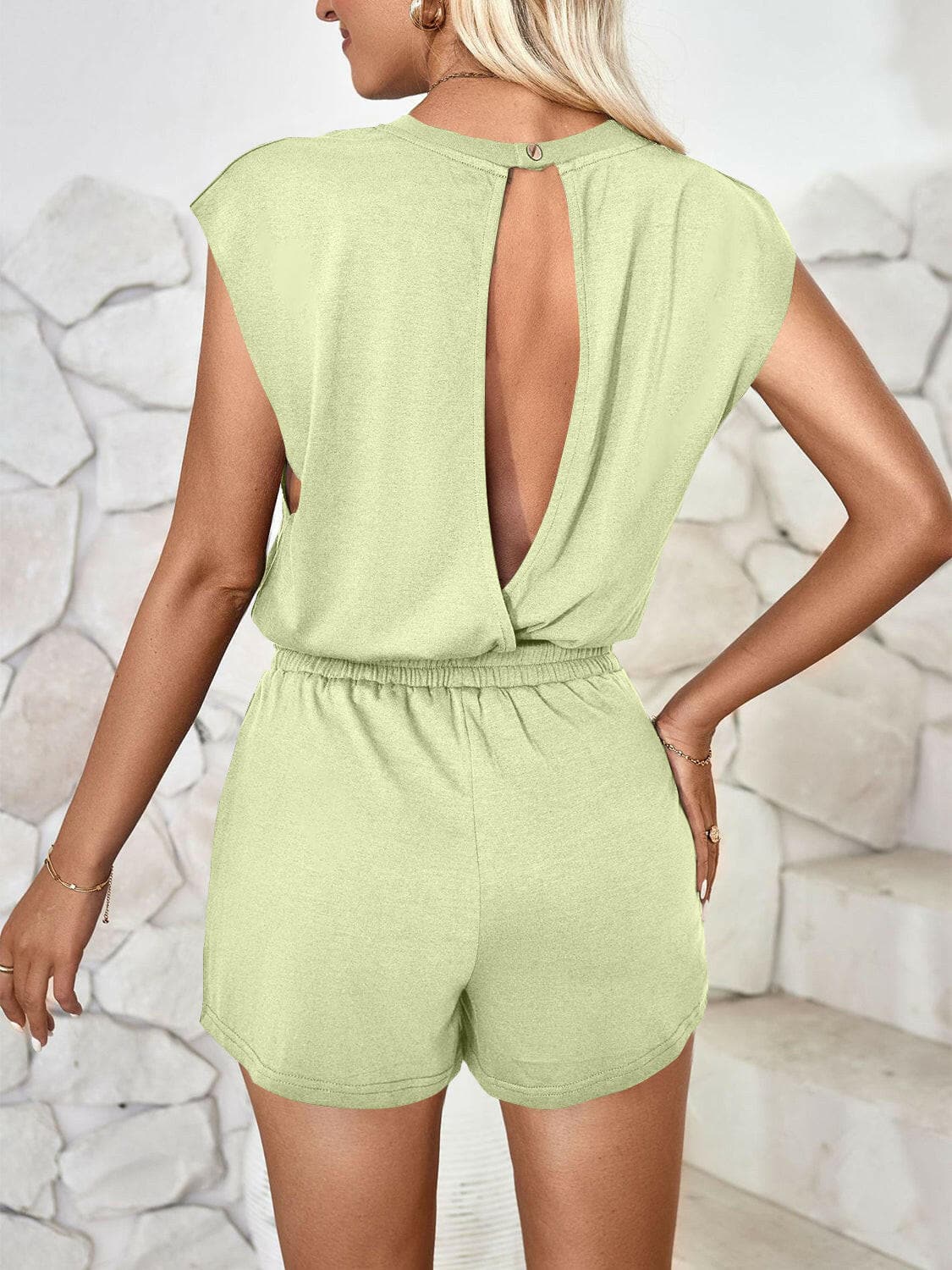 Cutout Round Neck Cap Sleeve Romper.