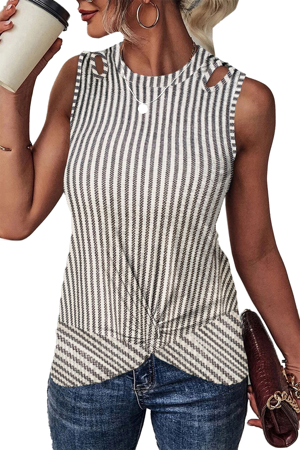 Stylish gray striped cutout twist front tank top