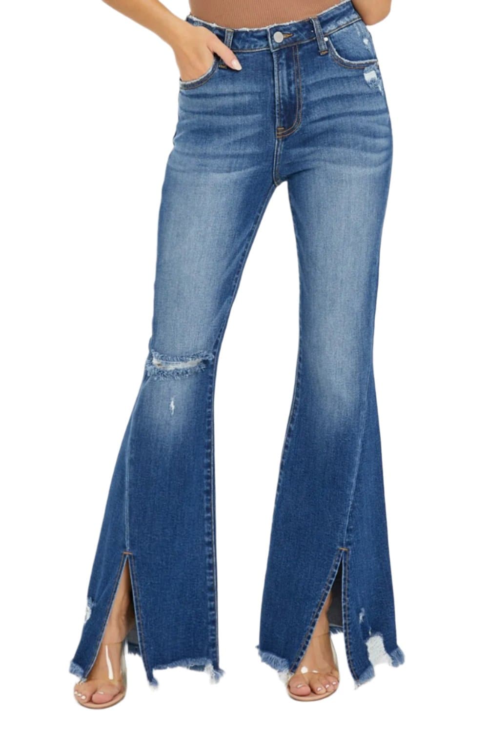 RISEN Full Size High Rise Front Slit Frayed Hem Flare Jeans.