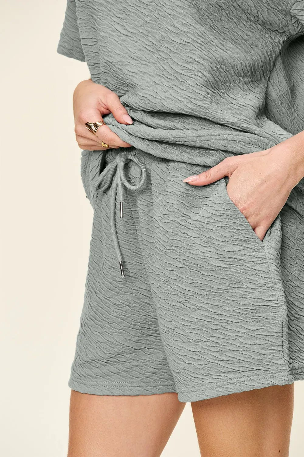 Double Take Full Size Texture Short Sleeve T-Shirt and Drawstring Shorts Set - Love Salve