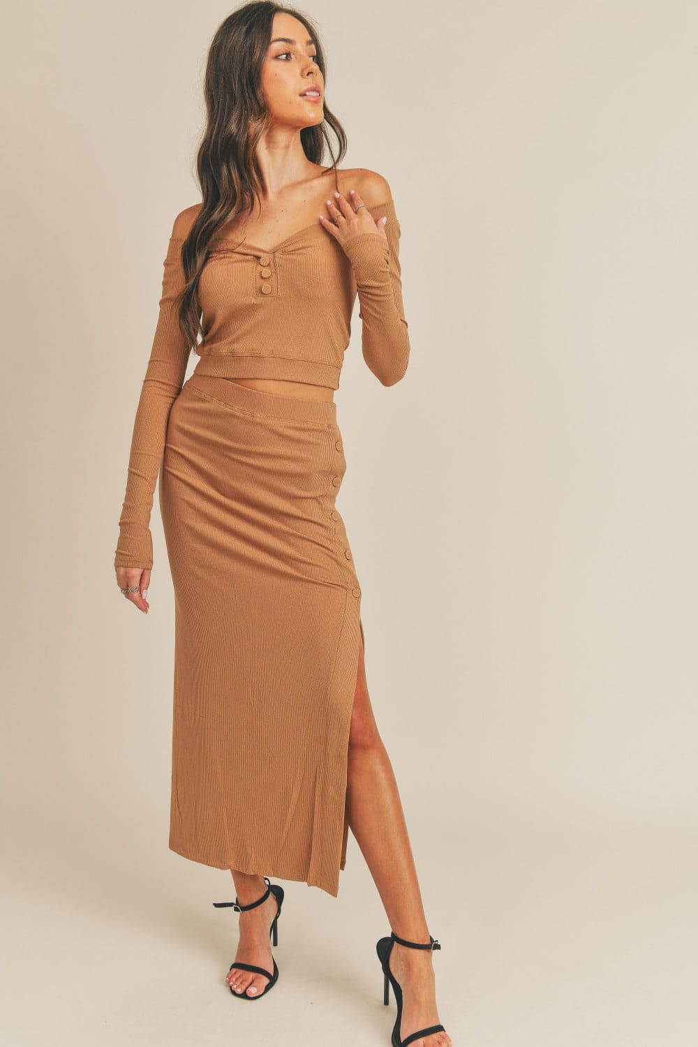 Chic Button-Accent Crop Top and High-Slit Midi Skirt Ensemble