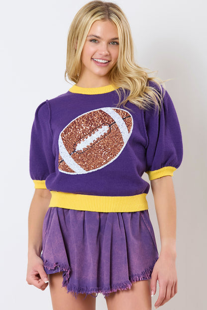 Glamorous purple sequin color block puff sleeve sweater