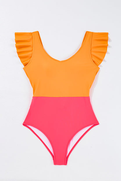 Vibrant Vitality Orange Ruffled Backless One-Piece Swimsuit with Color Block Design