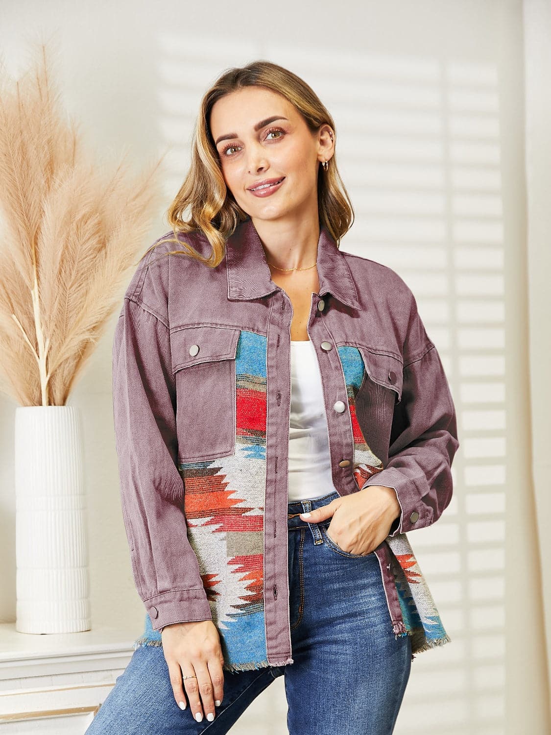 Dropped Shoulder Long Sleeve Printed Denim Jacket.