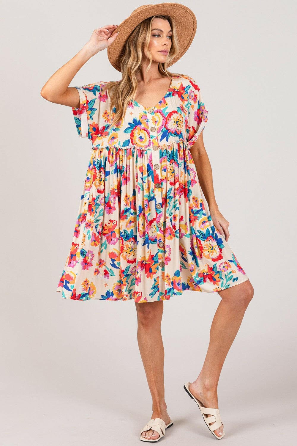 SAGE + FIG Full Size Floral Button-Down Short Sleeve Dress.