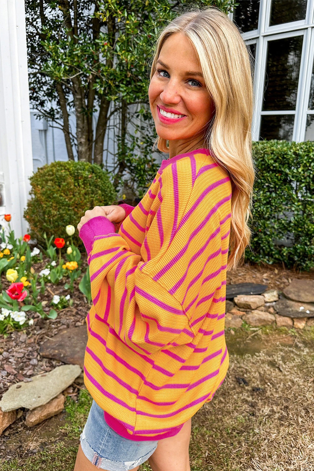 Casual orange striped drop shoulder sweater with round neckline