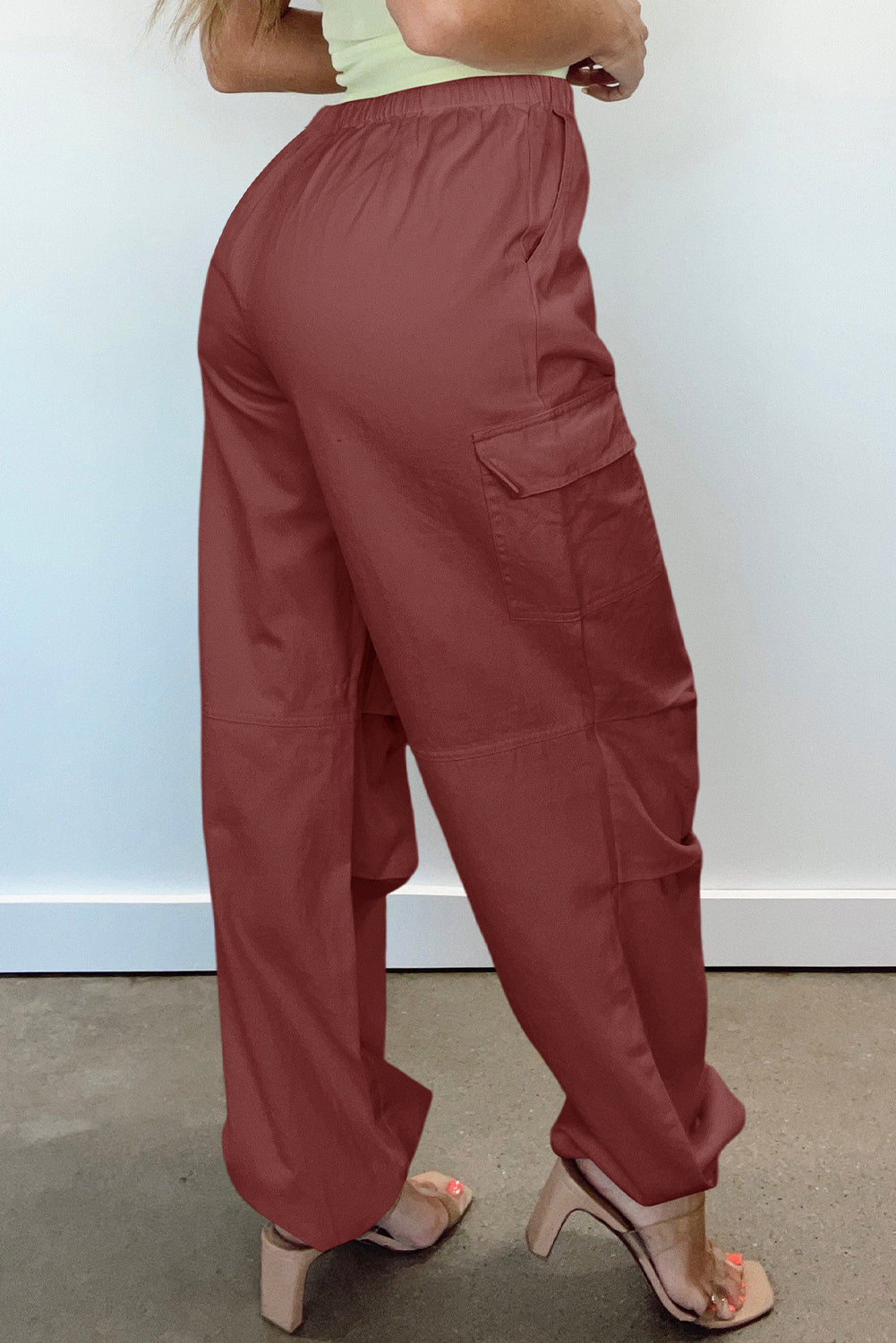 Chic mineral red wide-leg cargo pants with drawstring waist