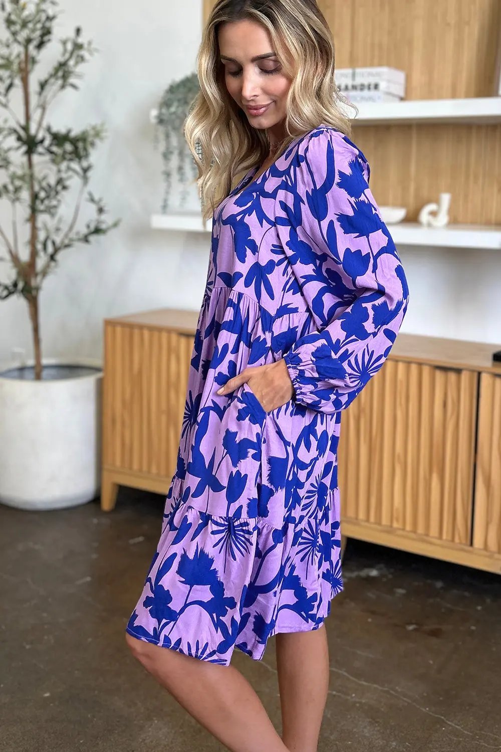 Double Take Full Size Printed Ruffle Hem Long Sleeve Dress - Love Salve