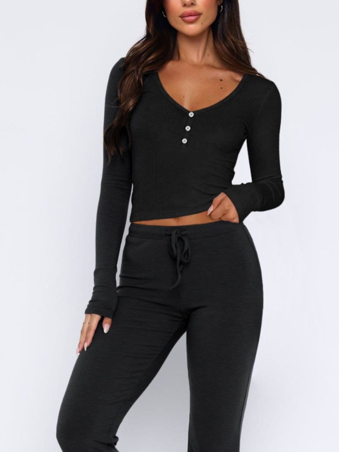 Chic V-neck long sleeve top and matching pants set