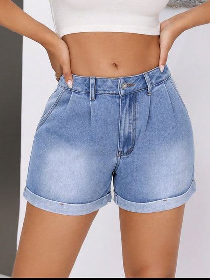 Rolled Hem Mid-Rise Waist Denim Shorts.