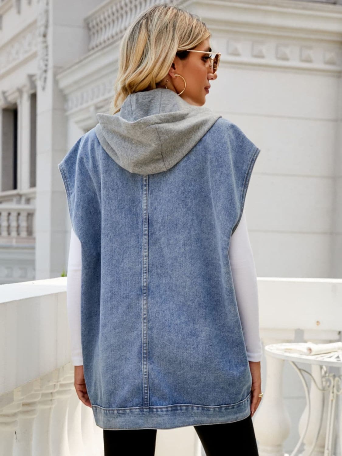 Hooded Sleeveless Denim Top with Pockets.