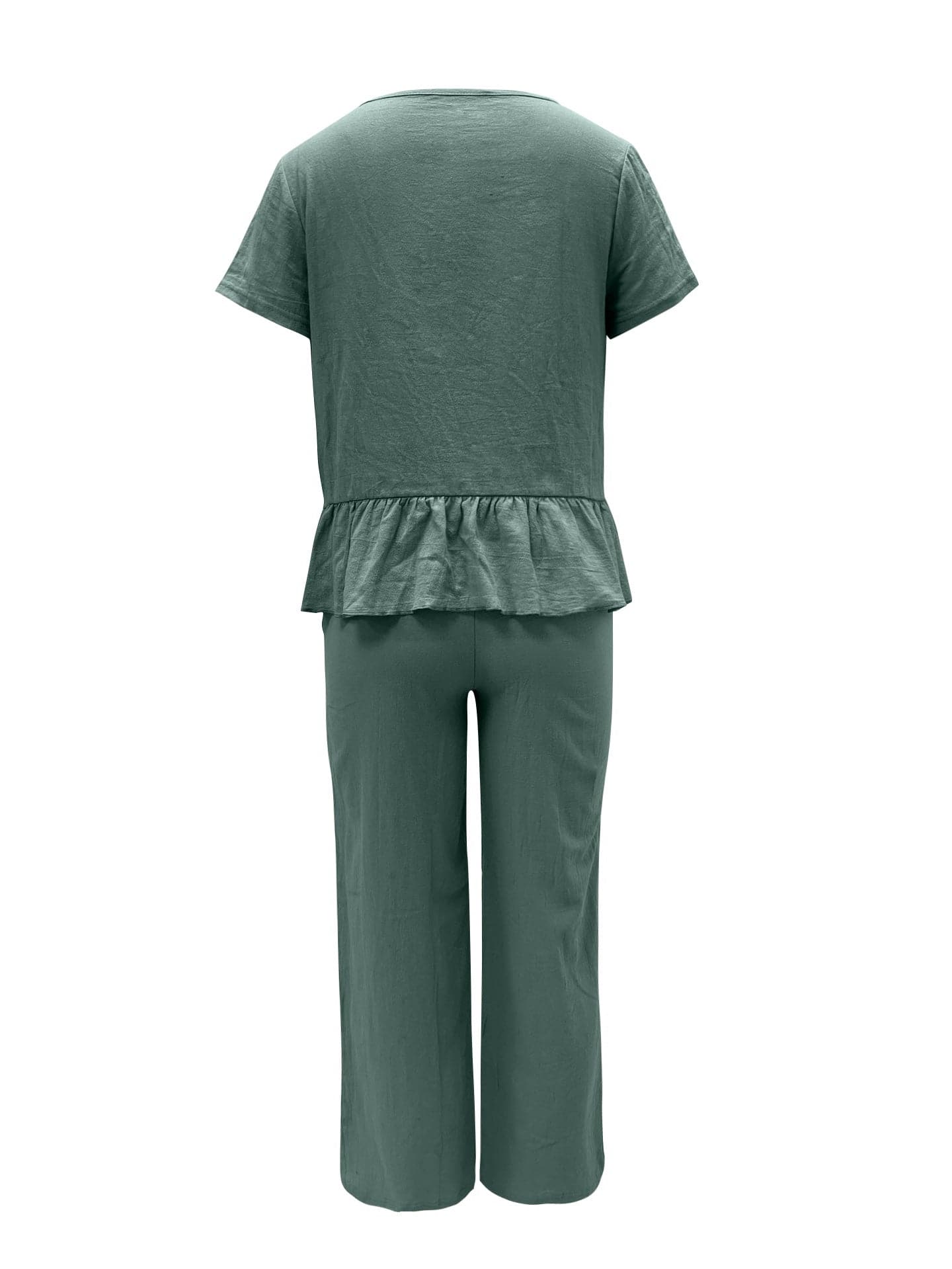 Peplum Round Neck Short Sleeve Top and Pants Set.