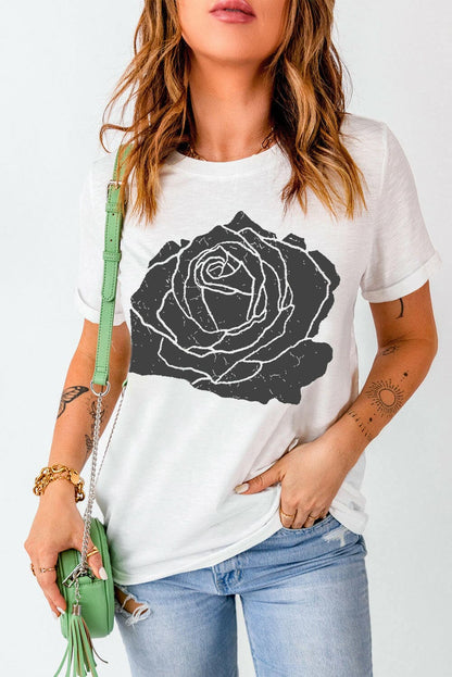 Rose Graphic Round Neck Short Sleeve T-Shirt.