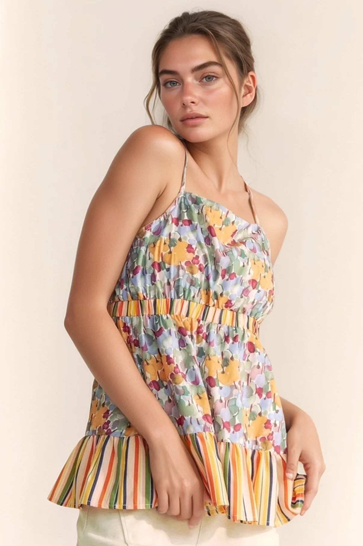 Davi & Dani Floral Smocked Sleeveless Ruffle Back Tie Top - Love Salve 