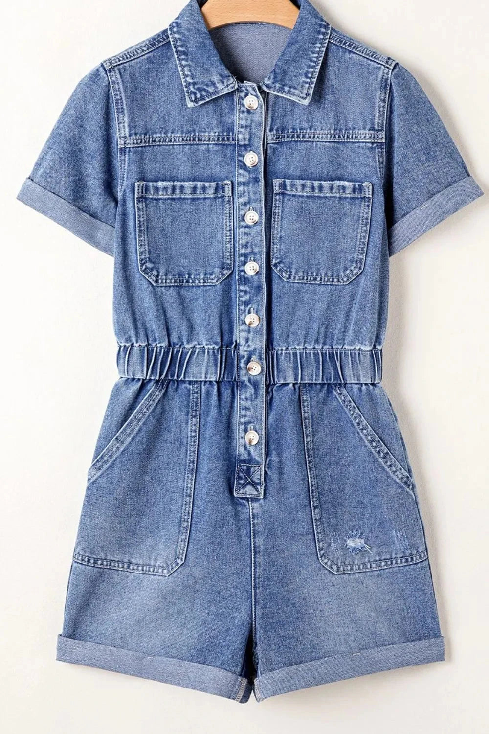 Chest Pocket Front Buttoned Folded Edge Denim Short Sleeve Romper Simply Love