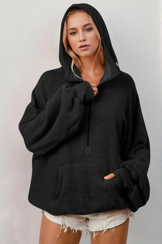 Double Take Full Size Half Zip Long Sleeve Hoodie with Kangaroo Pocket - Love Salve