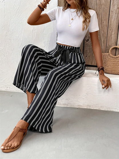 Striped High Waist Wide Leg Pants.