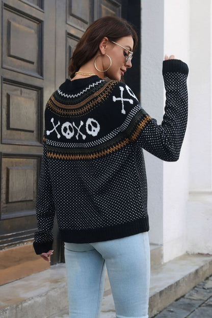 Chic ghost print long sleeve sweater with round neck