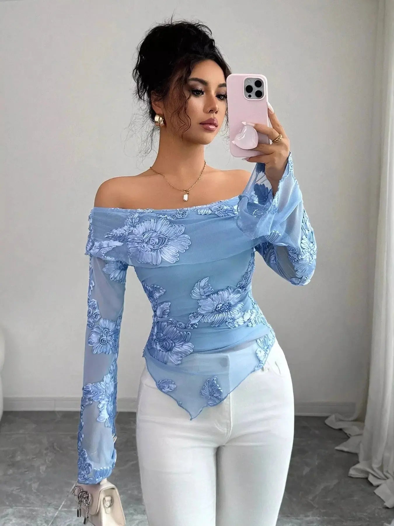 Floral Off-Shoulder Mesh Blouse Simply Love