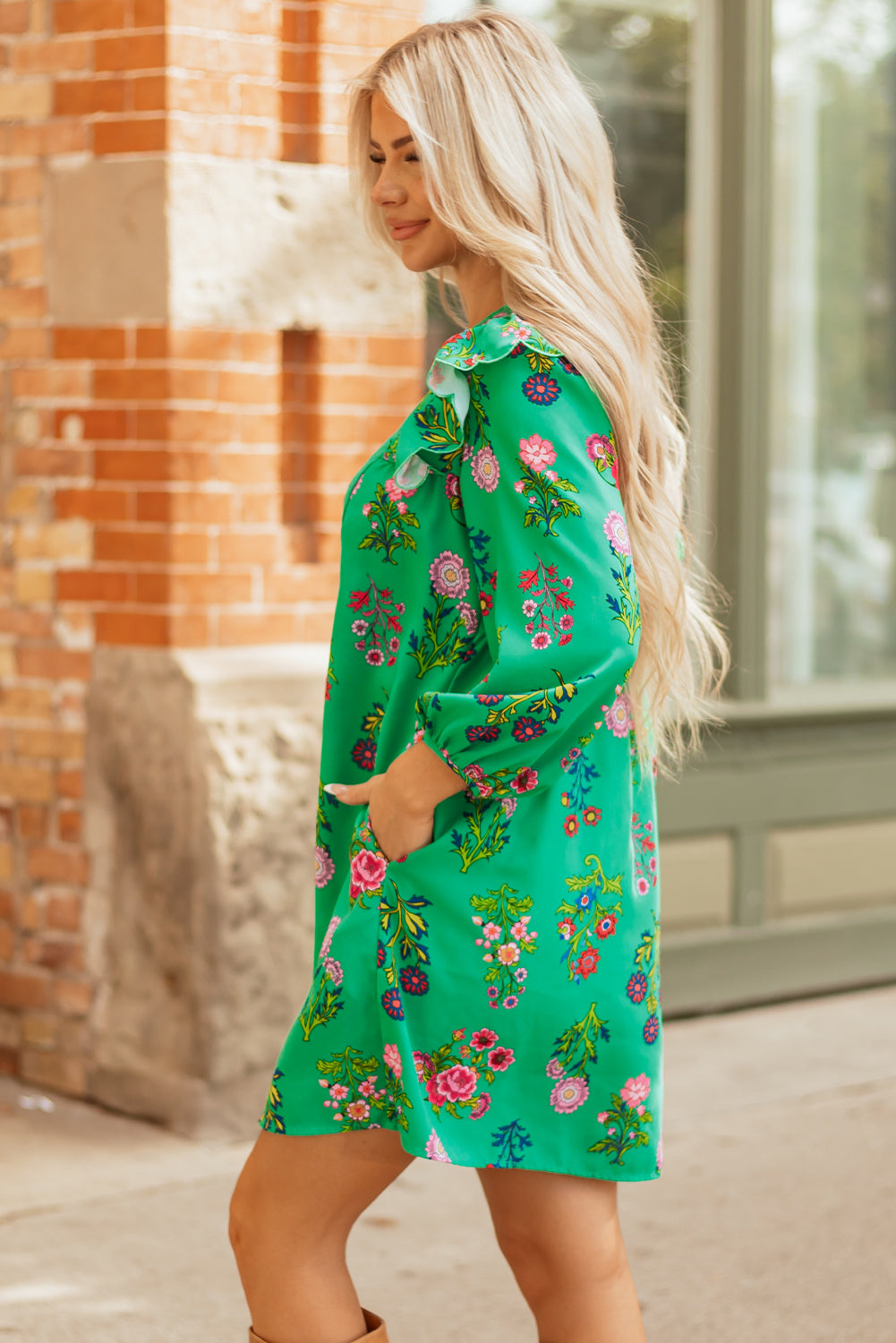Premium Green Floral Ruffled Three Quarter Sleeve Buttoned Dress Dear-Lover Dropshipping