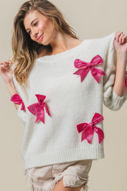 Sparkling bow puff sleeve sweater