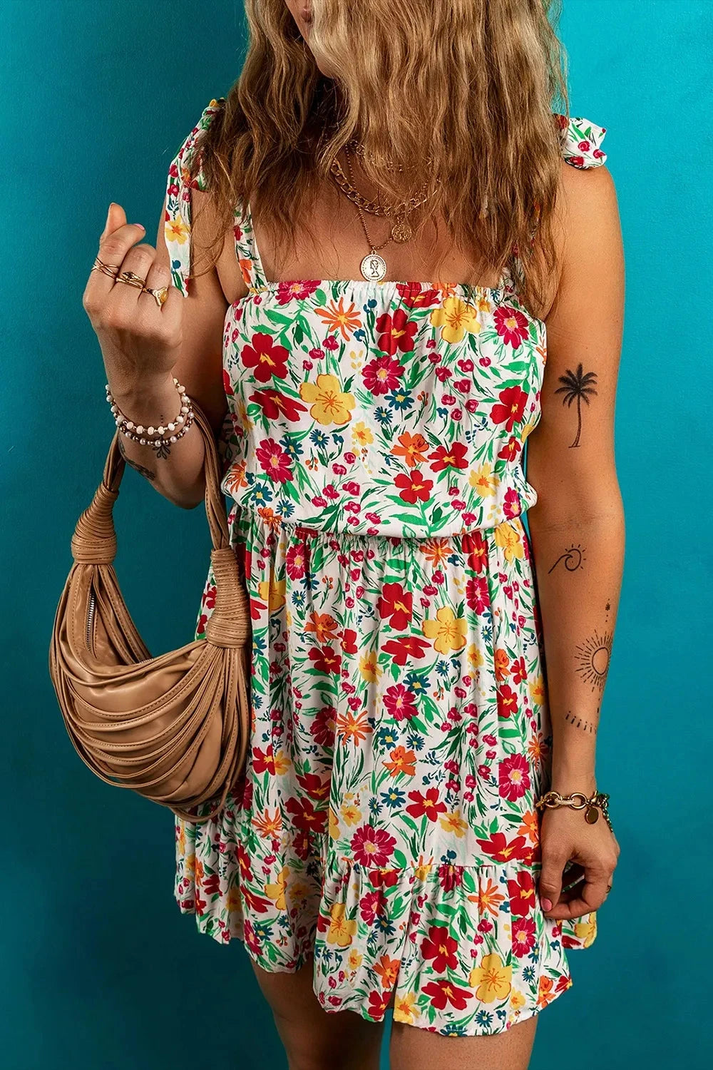 Floral Knotted Straps Cinched Waist Ruffle Hem Mini Dress Simply Love
