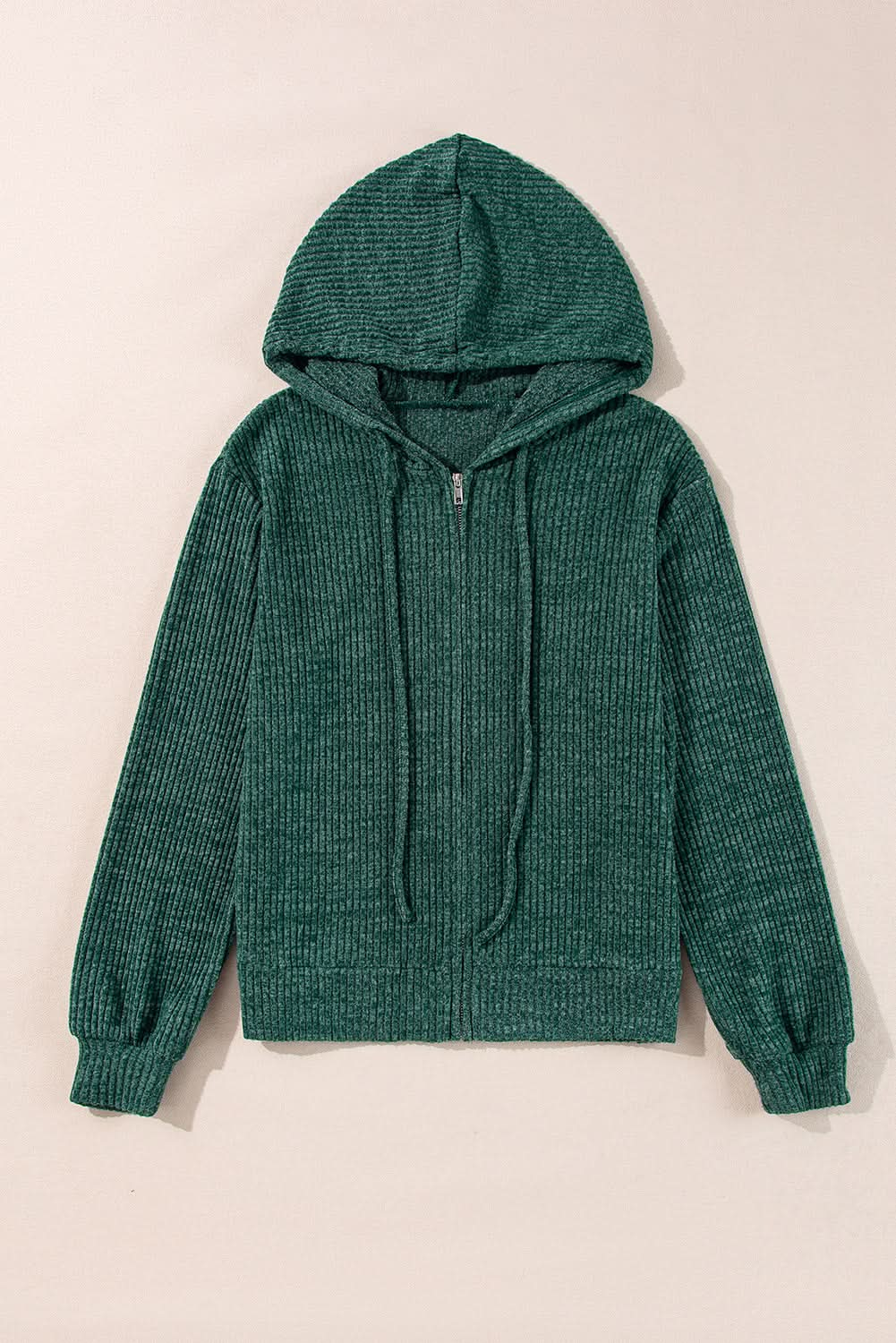 Evergreen Ribbed Zip-Up Hoodie with Drawstring Closure