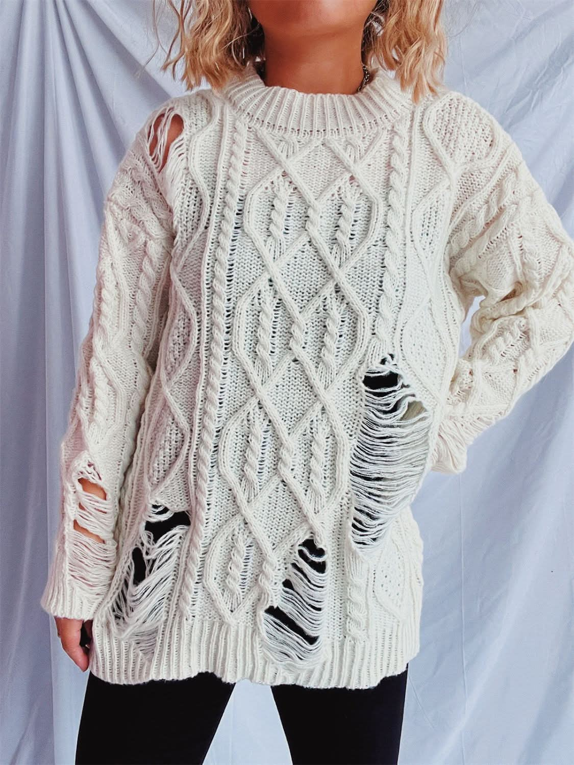 Chic distressed cable-knit long sleeve sweater